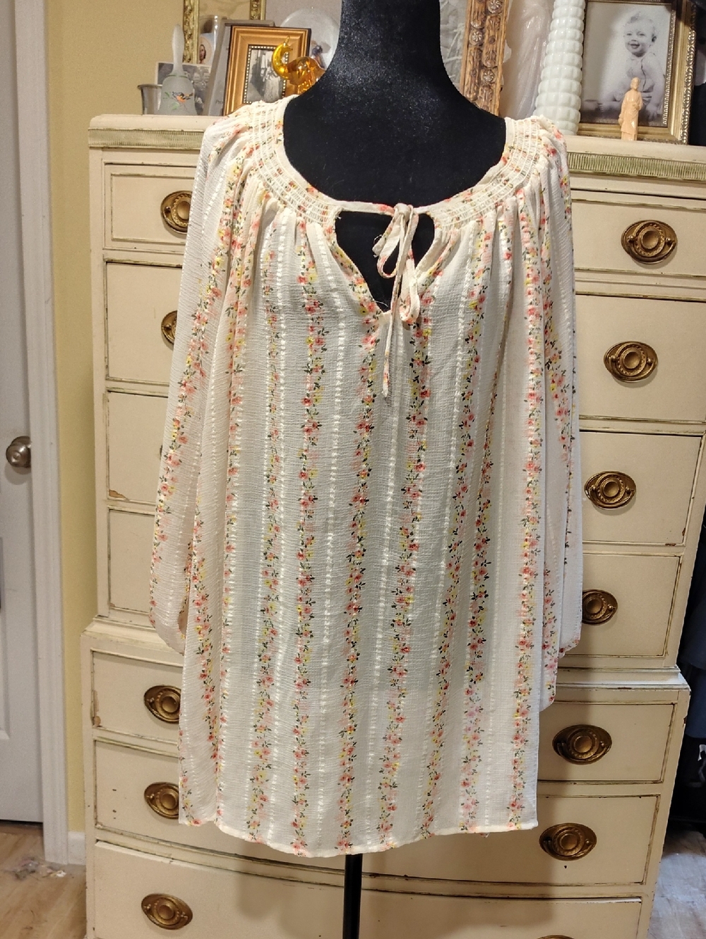 torrid Cream Floral Peasant Blouse with Pink and Green Stripes